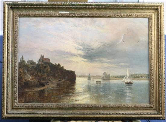 Henry Thomas Dawson (1841-1896) Shipping along the coast on a calm sea 16 x 24in., canvas torn